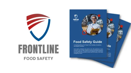 Frontline Food Safety logo left; three blue "Food Safety Guide" booklets with worker photo