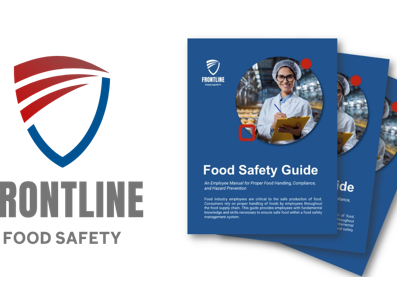 Frontline Food Safety logo left; three blue "Food Safety Guide" booklets with worker photo