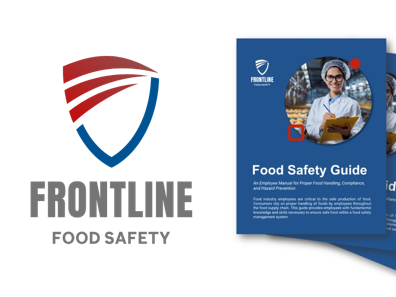 Frontline Food Safety logo left; three blue "Food Safety Guide" booklets with worker photo