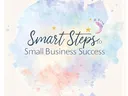 Watercolor background with text Smart Steps to Small Business Success and a small pink footprint
