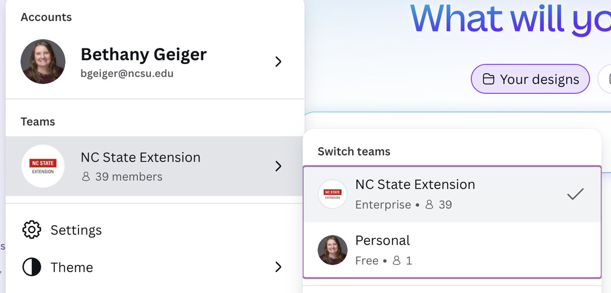 Screenshot showing the teams menu in Canva