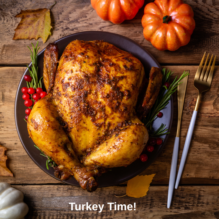 Roasted turkey on plate with small pumpkins