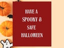 "Have a Spooky & Safe Halloween" message on a dark red background, surrounded by pumpkins, bats, spiders, and a ghost cookie on a light orange background, with the NC Cooperative Extension logo at the bottom.