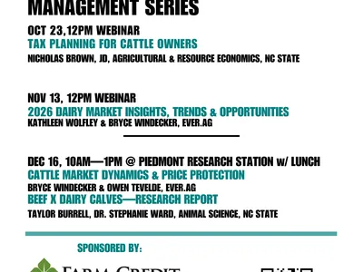 NC Dairy Winter Management Series flyer listing webinar dates, topics, and NC State Extension