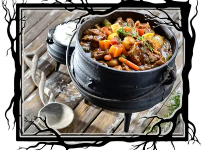 Vegetable stew in cast iron pot.