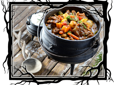 Vegetable stew in cast iron pot.