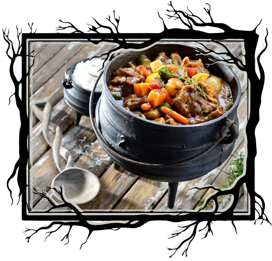 Vegetable stew in cast iron pot.
