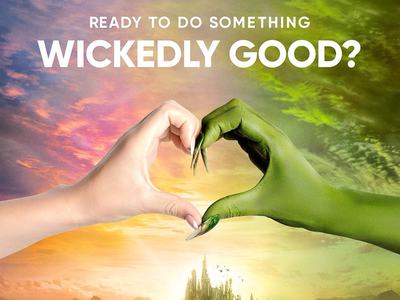 Human hand and green hand form heart; text "WICKED FOR GOOD" and "WICKEDLY GOOD?"