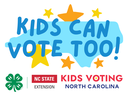 Blue North Carolina with "KIDS CAN VOTE TOO!" text; NC State Extension and Kids Voting NC logos