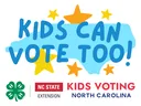 Blue North Carolina with "KIDS CAN VOTE TOO!" text; NC State Extension and Kids Voting NC logos