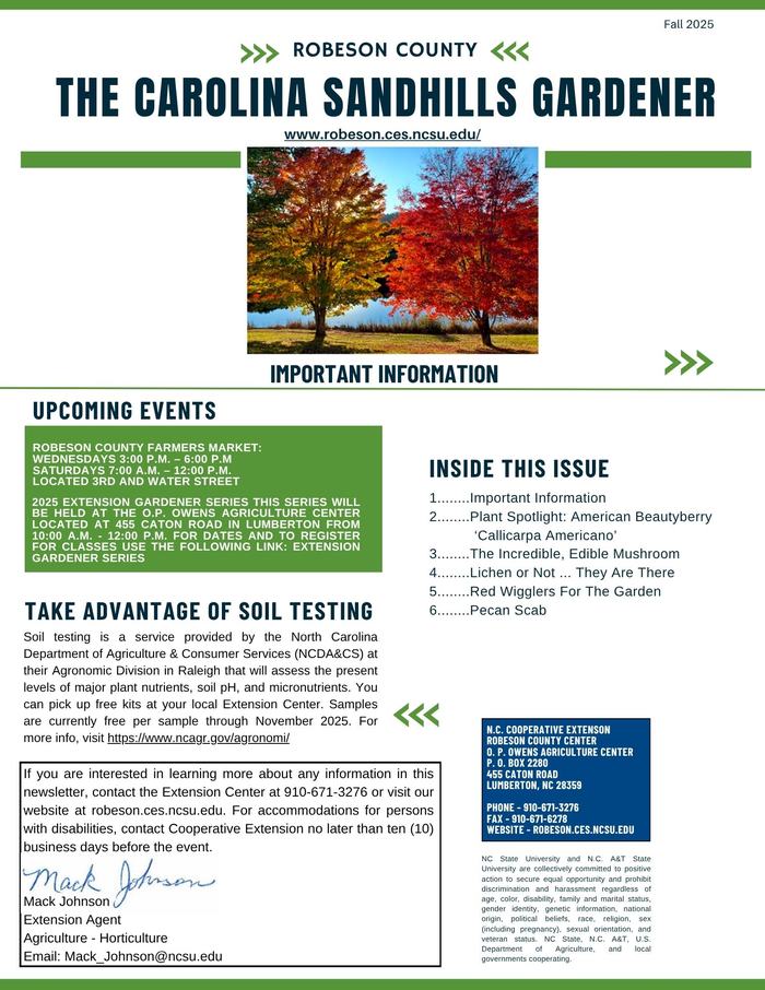 Newsletter titled “The Carolina Sandhills Gardener” for Fall 2025 by Robeson County Cooperative Extension, featuring upcoming events, soil testing info, and article topics like plant spotlights and mushrooms. A central photo shows autumn trees with red and orange foliage.