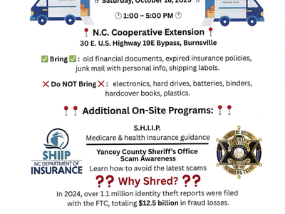 Flyer advertising a free community shred event at Yancey Cooperative Extension