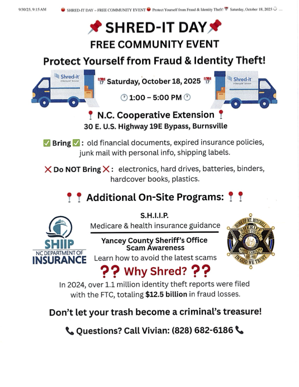 Flyer advertising a free community shred event at Yancey Cooperative Extension