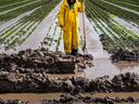 Worker in yellow rain suit stands in flooded muddy field holding a shovel