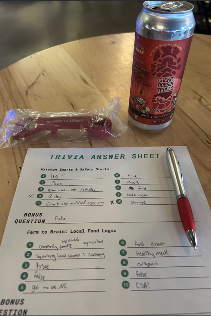 Trivia answer sheet with pen, sealed NC State tool, and "Cherry Bobbin' Trolls" can on table