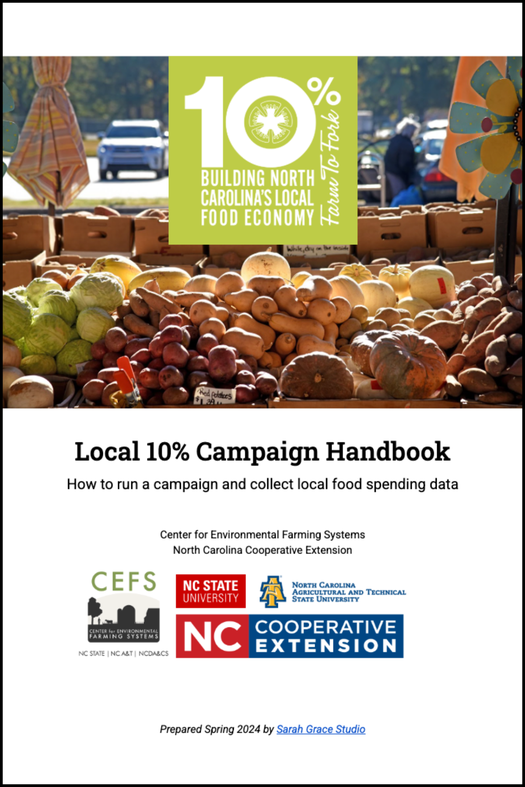 Produce stand with green "10% Building North Carolina's local food economy" badge; title "Local 10% Campaign Handbook"