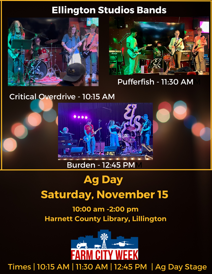 Flyer featuring three bands from Ellington Studios who will be performing at Ag Day on November 15, 2025.