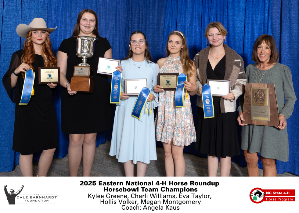 2025 Eastern National 4-H Horse Roundup Horsebowl Team Champions Kylee Greene, Charli Williams, Eva Taylor, Hollis Volker, Megan Montgomery Coach: Angela Kaus