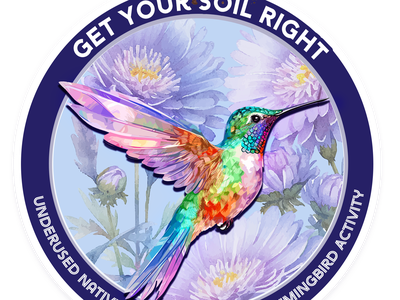 Logo Purple circle with purple floral background rainbow colored humming bird and the words Get your soil right, under used natives, increased humming bird activity.