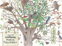 Oak tree with birds, squirrels, raccoons; sign: "Let's talk GARDENING Native Keystones" tag "2026"