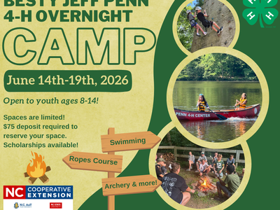 BESTY JEFF PENN 4‑H Overnight Camp June 14–19, 2026; ages 8–14; swimming, ropes, archery