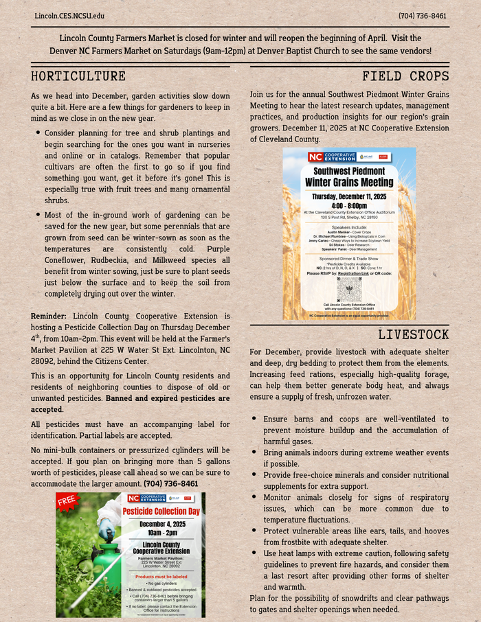 third page of December 2025 newsletter with horticulture, livestock, and field crop updates