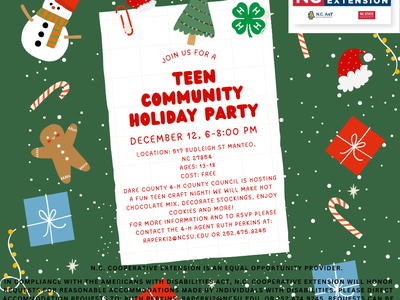 Holiday flyer: Teen Community Holiday Party — December 12, 6–8:00 PM