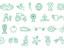 A collection of 4-H brand icons, representing the Civic Engagement, Agriculture, Healthy Living, and STEM pillar themes. The icons include Heart Hands, Sprout in Hand, Mic, Globe, Ribbon, Media, Wheat, Farmer, Tractor, Windmill, Sprout, Watering Can, Hors