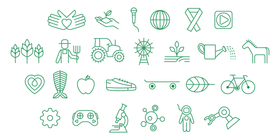 A collection of 4-H brand icons, representing the Civic Engagement, Agriculture, Healthy Living, and STEM pillar themes. The icons include Heart Hands, Sprout in Hand, Mic, Globe, Ribbon, Media, Wheat, Farmer, Tractor, Windmill, Sprout, Watering Can, Horse, Heart, Fish, Apple, Shoe, Skateboard, Lettuce, Bike, Gear, Controller, Microscope, Molecule, Astronaut, and Robot.
