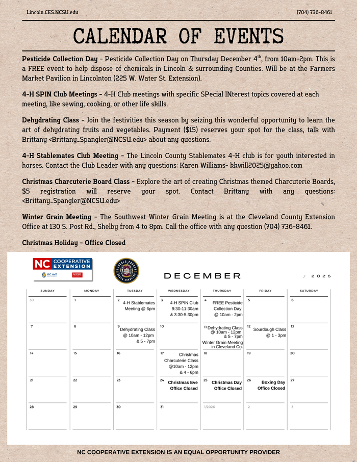 fourth and final page of December 2025 newsletter with calendar of events