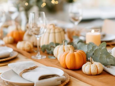 Autumn table setting with small pumpkins, eucalyptus, lit candle, wine glasses, napkins