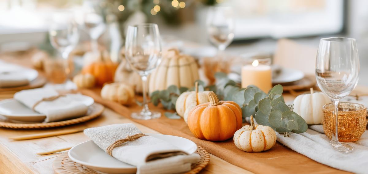 Autumn table setting with small pumpkins, eucalyptus, lit candle, wine glasses, napkins