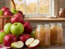 Photograph of red and green apples in a basket next to two jars of applesauce sitting on a kitchen counter in front of a window.