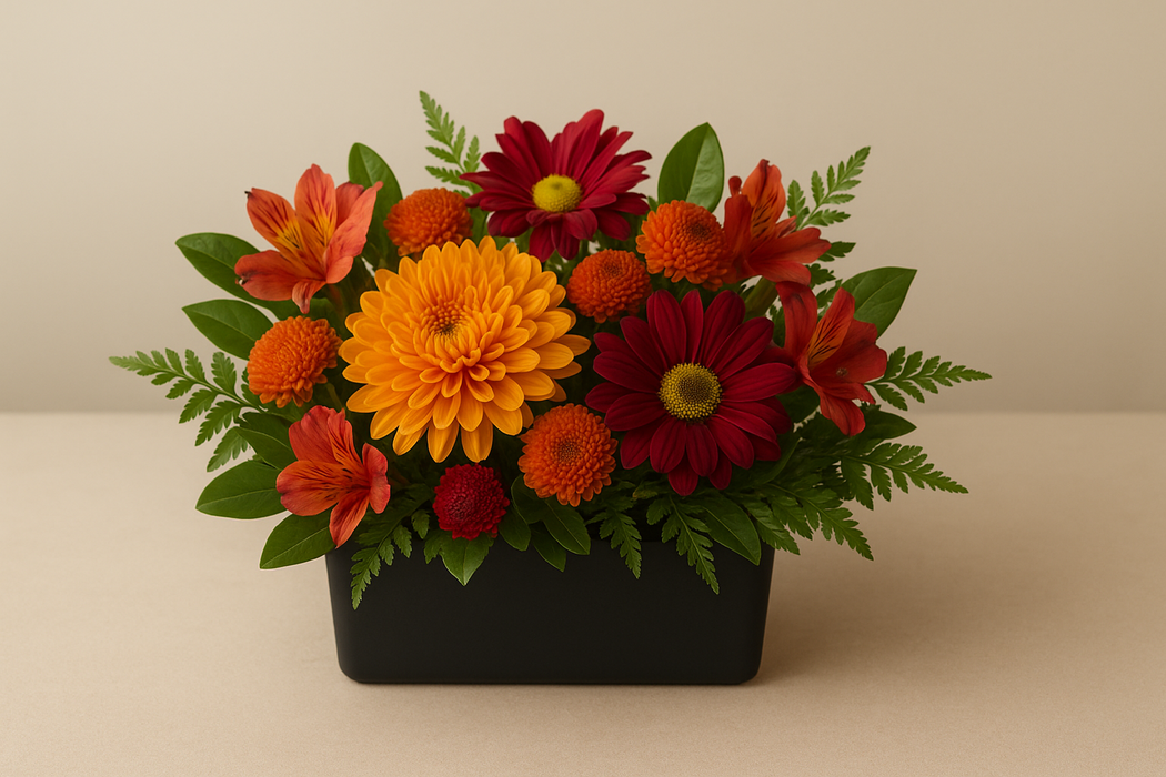 Fall colored floral arrangement on a table.