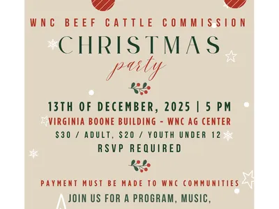 WNC Beef Cattle Commission Christmas party, Dec 13, 2025, 5 PM, Virginia Boone Building