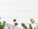 Wooden reindeer, wrapped gifts and pine sprigs on white wood background; NC Cooperative Extension