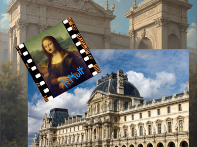 A preposterous parody of the Mona Lisa is superimposed over a montage of the Louvre and indistinct monumental architecture.