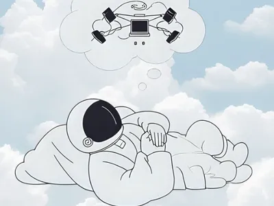 An Astronaut dreams of technology will resting on a cloud.