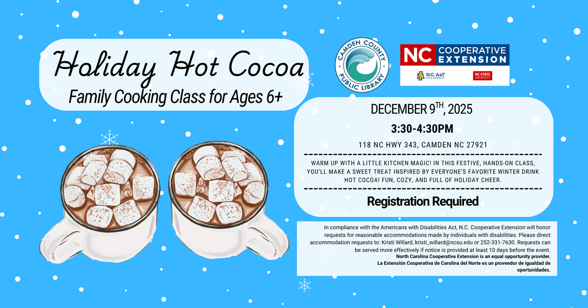 Hot cocoa in mugs with event details