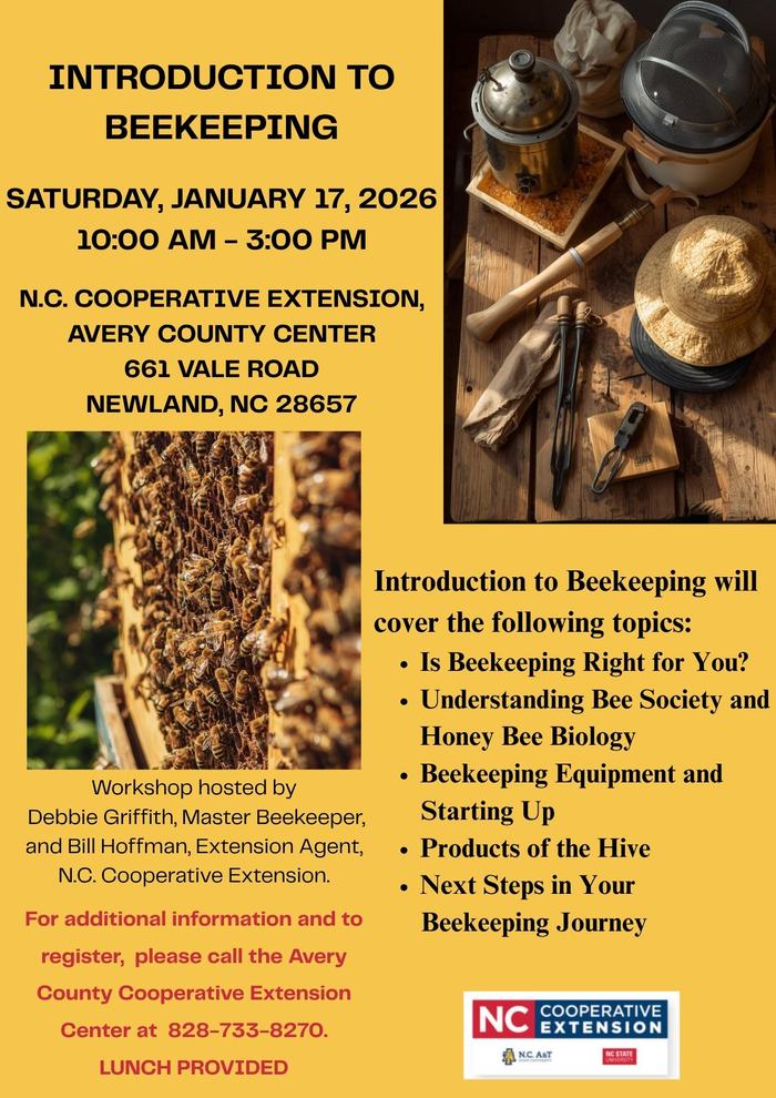 Beekeeping workshop flyer: "Introduction to Beekeeping" Jan 17, 2026 10:00 AM–3:00 PM