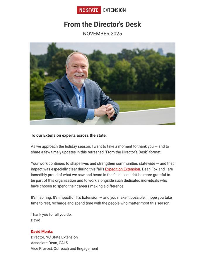Cover page of the From the Director's Desk-November 2025 edition of NC State Extension Director David Monks' monthly newsletter.