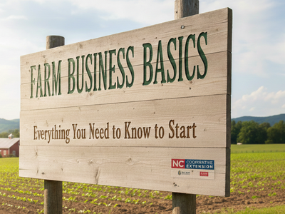 Wooden roadside sign reading "FARM BUSINESS BASICS" and "Everything You Need to Know to Start" in a field