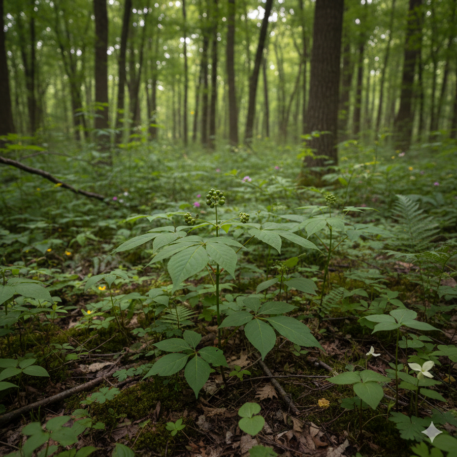 AI generated photo of Ginseng growing in the forest. 