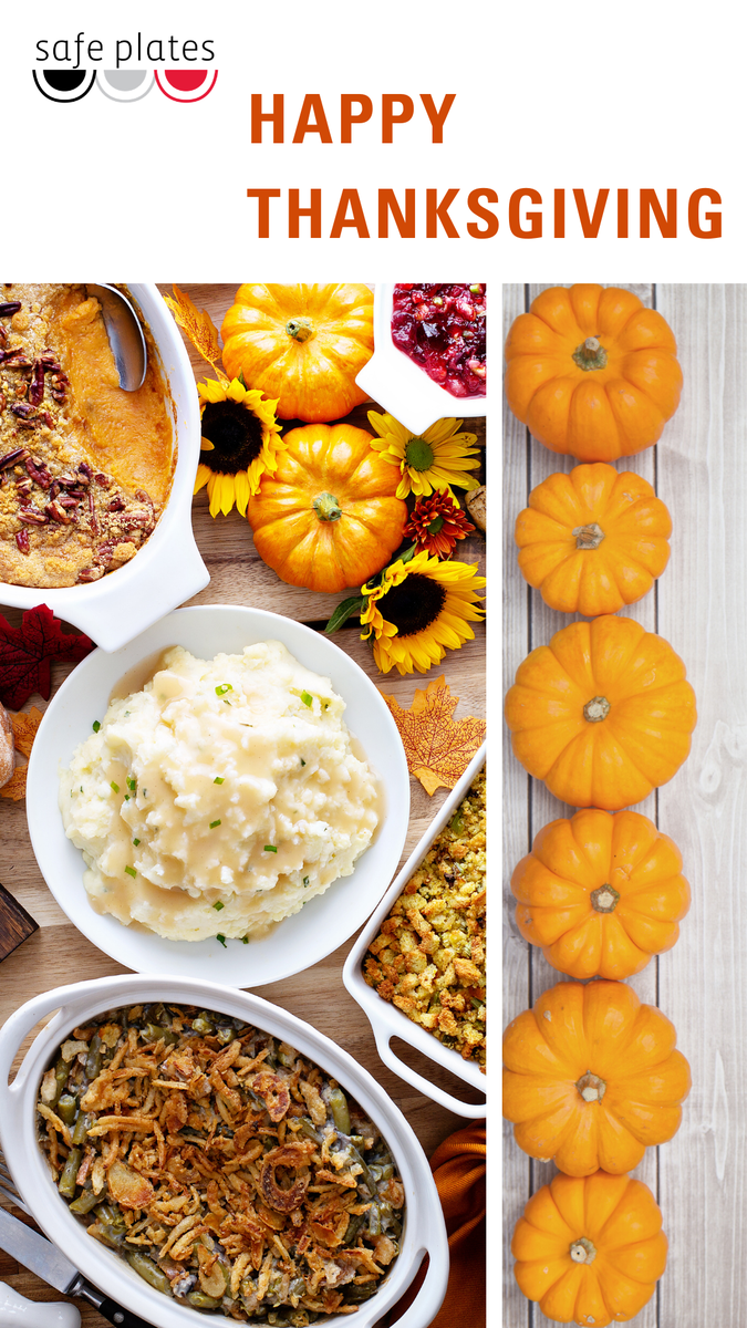 Happy thanksgiving on a background of foods and pumpkins