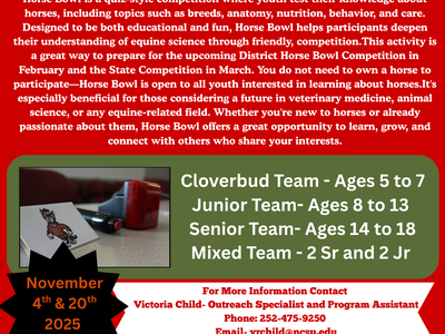 Dare County 4-H Horse Bowl Team is looking for youth; Nov 4 & 20, 2025 @5pm; sign-up link