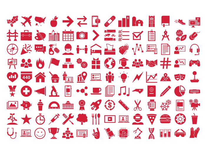 A collection of various subject matter icons that align with the NC State University visual brand.