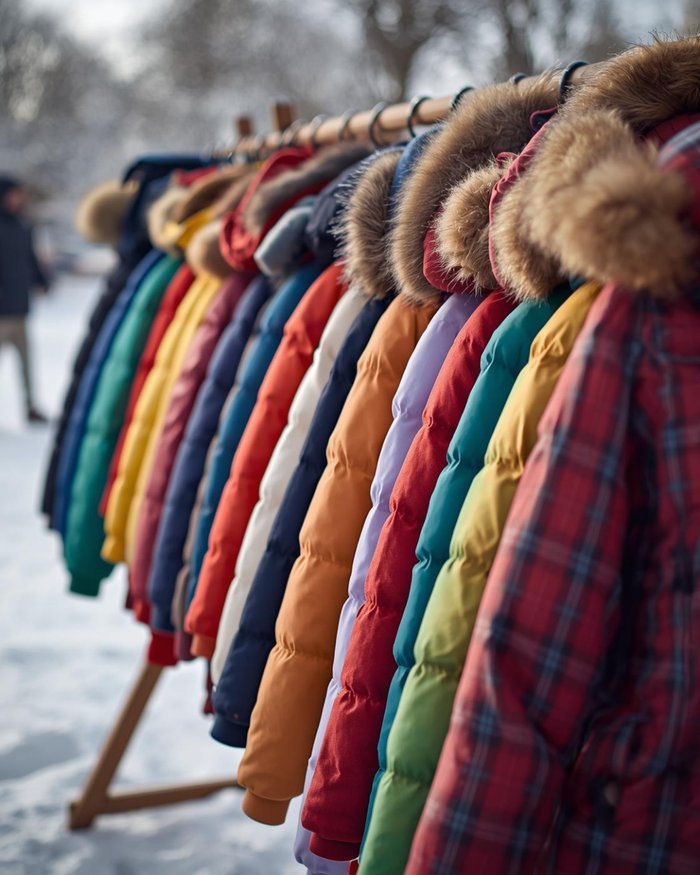 row of colorful children's coats against winter background