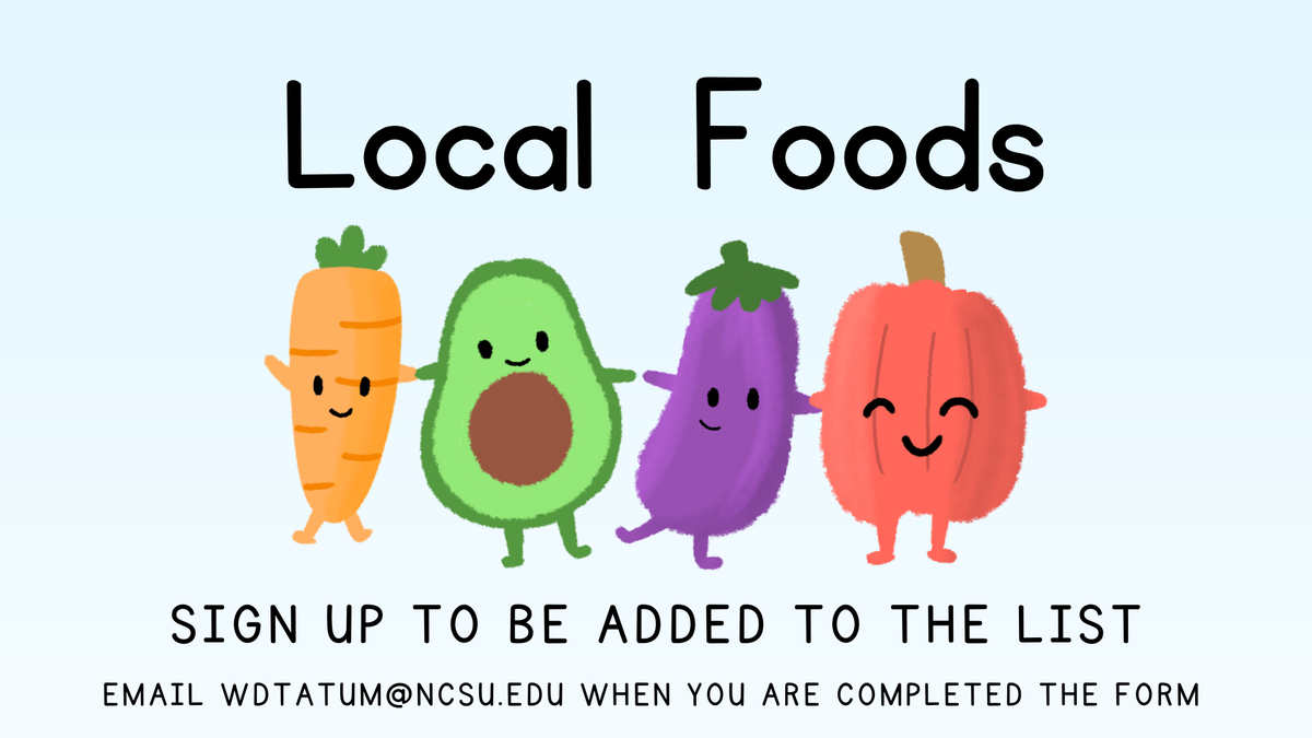 Local Foods title with cartoon veggies; text SIGN UP TO BE ADDED TO THE LIST; wdtatum@ncsu.edu