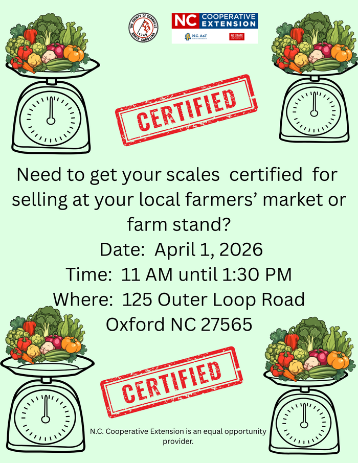 Scales certification event — April 1, 2026, 11 AM–1:30 PM — 125 Outer Loop Rd, Oxford NC 27565