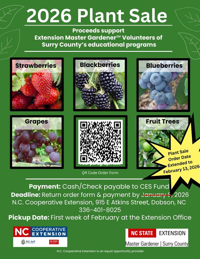 2026 Plant Sale flyer: strawberries, blackberries, blueberries, grapes, fruit trees; QR code; pickup early February